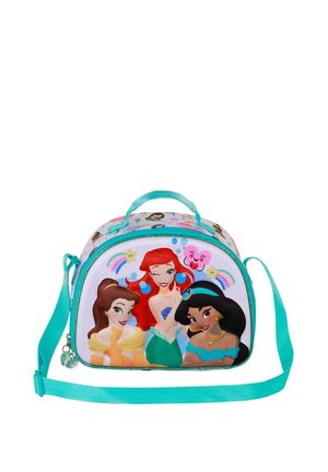 Bolsa de almuerzo para niños con tres personajes de princesa sobre un fondo blanco. Hecha de un material suave, con un asa y una correa en color turquesa.
