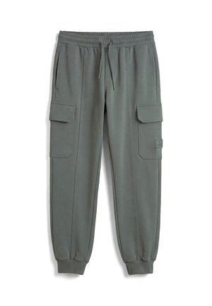 Pantalones jogger cargo gris con corte cónico, puños elásticos, bolsillos delanteros y laterales con solapa, y cintura con cordón.