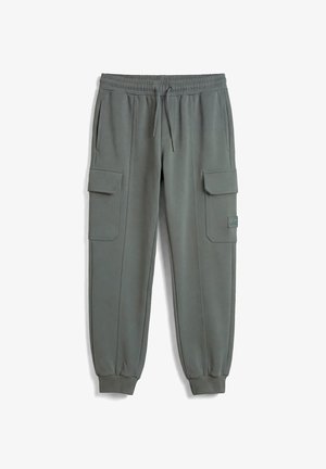 Grijze taps toelopende cargojoggingbroek met elastische boorden, klepzakken aan de voorkant en zijkant, en een taille met trekkoord.