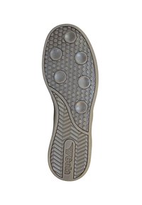 Gummiaußensohle mit strukturiertem Oberflächen, ausgestattet mit ovalen Griffen und geriffeltem Muster, in Dunkelgrau gehalten mit einem Logo nahe der Ferse.