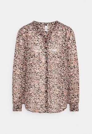 Blusa trasparente con un motivo floreale in rosa e nero, maniche lunghe, chiusura a bottoni frontale e scollatura rotonda. Realizzata in tessuto leggero.