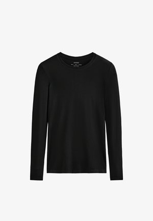 Black long-sleeved shirt made of soft fabric. Features a round neckline and a simple, fitted design without patterns or embellishments.