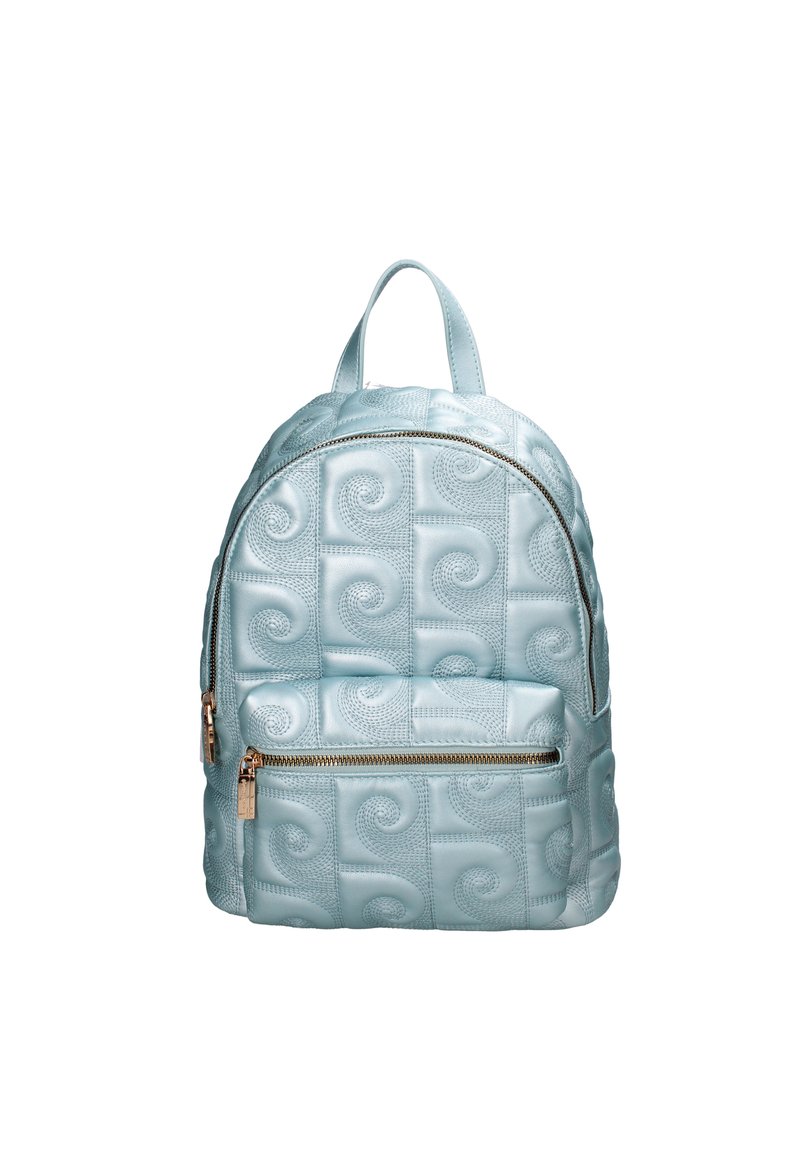 Zaino in similpelle azzurro chiaro con un motivo a spirale trapuntato, caratterizzato da una forma arrotondata, manico superiore e tasca frontale con zip e hardware dorato.