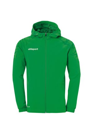 Veste imperméable verte avec capuche, texture lisse, fermeture éclair sur le devant, poignets élastiques et logo sur le côté supérieur gauche.