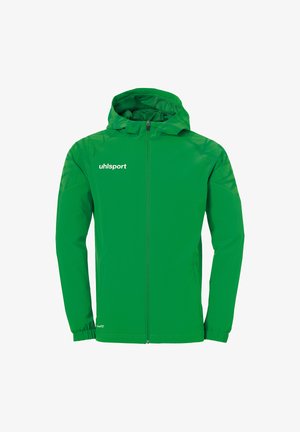 Groene waterdichte jas met een capuchon, gladde textuur, volledige voorkrui zipper, elastische manchetten en logo op de bovenste linkerkant.