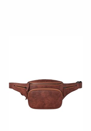 Brown leather waist bag with three zippered compartments and adjustable strap, shown against a white background.