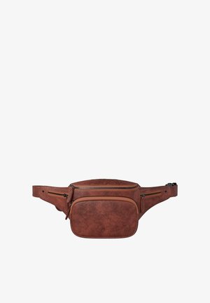 Brown leather waist bag with three zippered compartments and adjustable strap, shown against a white background.