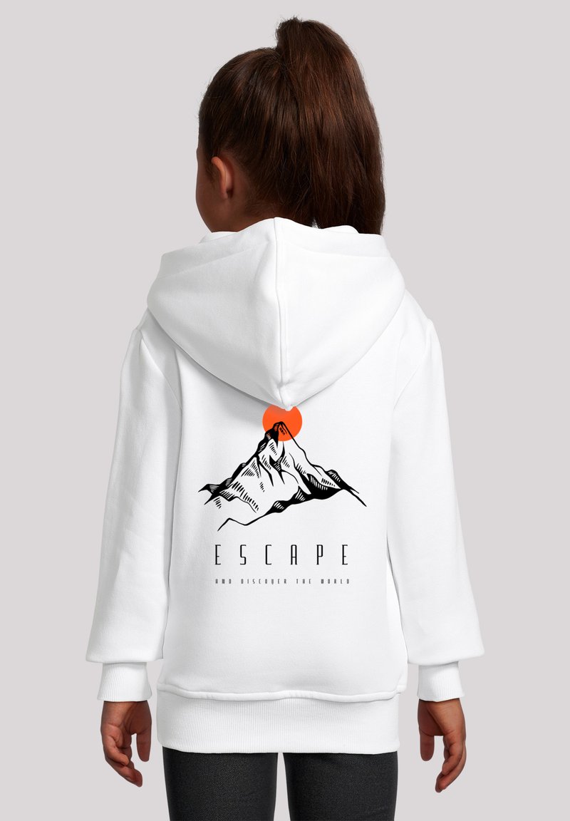 White hooded sweatshirt with a mountain graphic and orange sun on the back. Features ribbed cuffs and a relaxed fit.