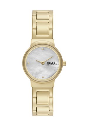Złocony zegarek Skagen ze stali nierdzewnej z białą tarczą z masy perłowej, minimalistycznymi oznaczeniami i bransoletą z ogniwami.