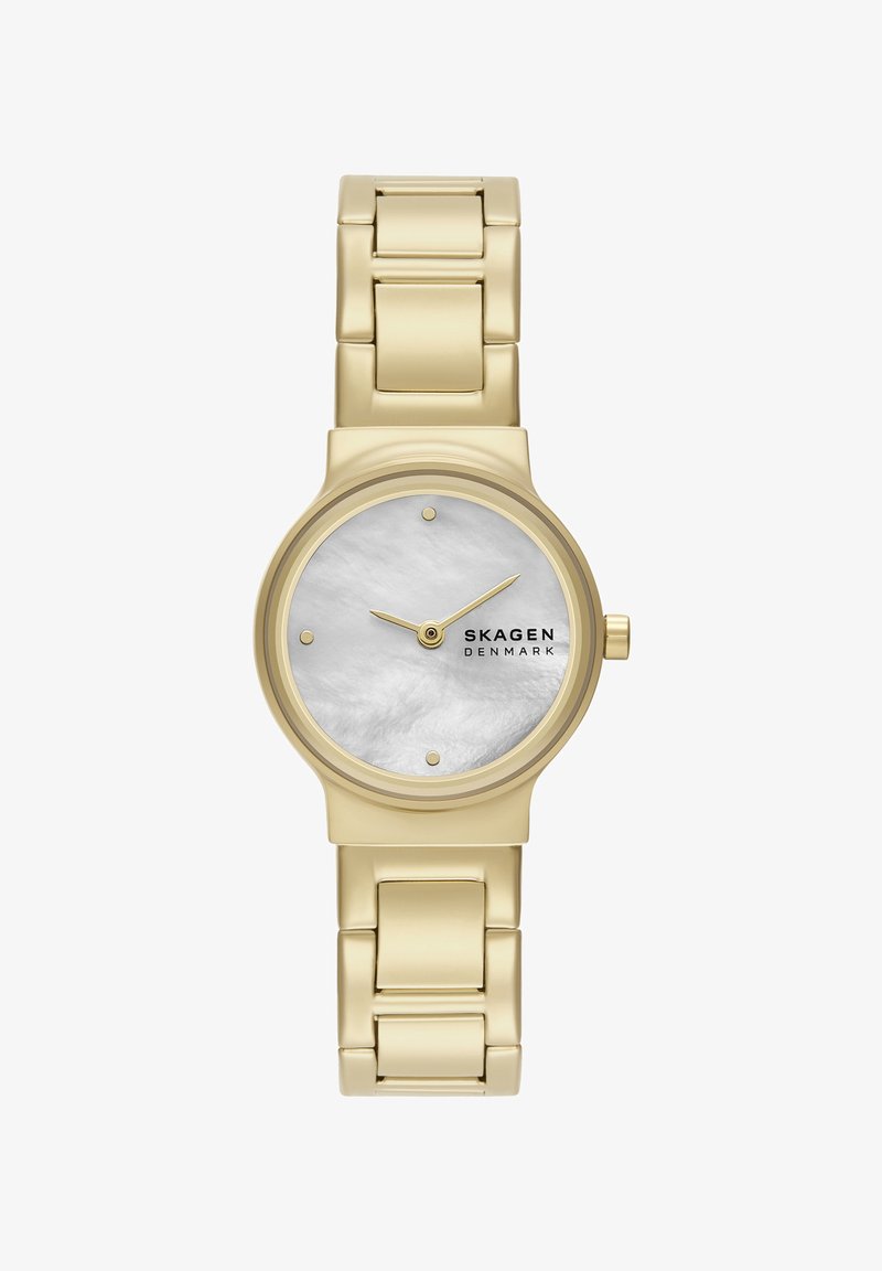 Orologio da polso Skagen in acciaio inox color oro con quadrante bianco in madreperla, indici minimalisti e bracciale a maglie.