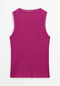 Dopasowany, bezrękawnik z prążkowanej tkaniny w żywym kolorze magenta. Posiada zaokrąglony dekolt i prosty dół. Teksturowana powierzchnia.