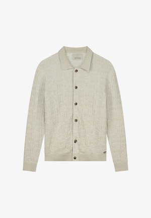 Beige neulecardigan, jossa on teksturoitu geometrinen kuvio, kauluksellinen kaula-aukko, etupainikkeet ja ribbaatut hihansuut sekä helma.