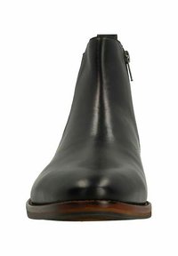 Bottines noires en cuir avec une texture lisse, un bout pointu et une fermeture éclair sur le côté. Présente une semelle brune contrastante. Design simple.