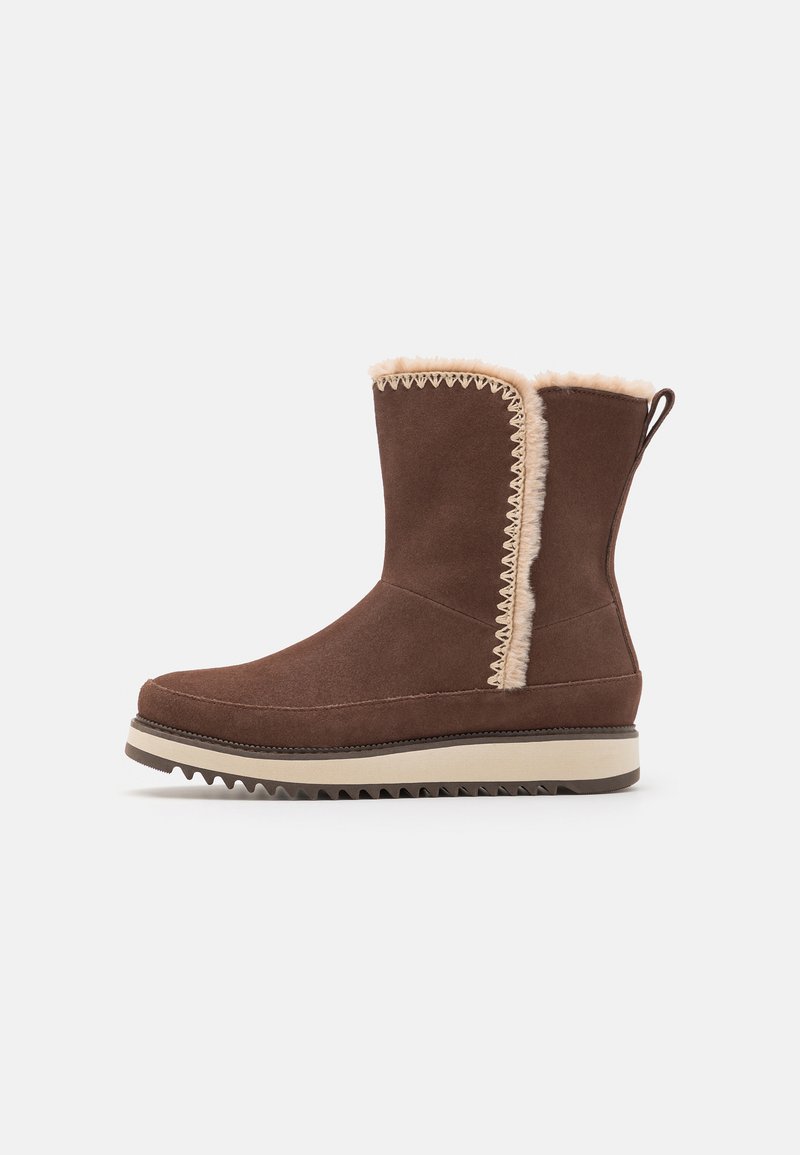 Brown suede ankle boot with faux fur lining, decorative stitching along the seam, and a rugged rubber outsole for traction.