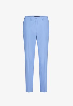 Spodnie w kolorze niebieskiego nieba wykonane z gładkiej tkaniny, o prostym kroju nogawki, z przednimi kieszeniami i zamknięciem na pojedynczy guzik.