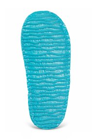 Helder turquoise rubberen zool met golvende textuur en ribbels voor grip. Afgeronde teen en hak, gladde randen.