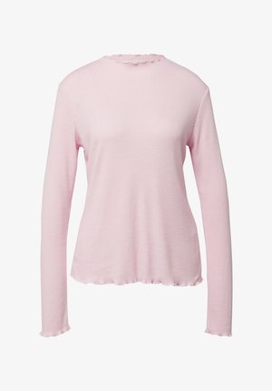 Langärmliges, rosa, geripptes Oberteil mit leicht gerafftem Ausschnitt und Saum. Weiche Textur mit entspannter Passform und subtiler Dehnbarkeit.
