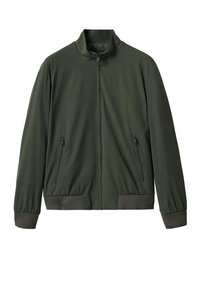 Ciemnozielona kurtka bomberka z kołnierzem stand-up, zamek błyskawiczny z przodu, dwie boczne kieszenie oraz ściągacze przy mankietach i u dołu. Gładki, lekki materiał.