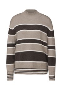 Beige ja ruskea raidallinen villapaita, jossa on korkea kaulus, leveät hihat ja ribattuja reunoja. Sisältää vaakasuoria ja pystysuoria raitoja eri leveysasteilla.