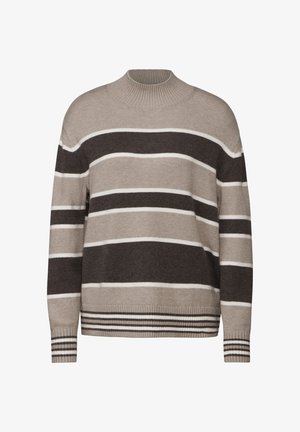 Jersey rayado en tonos beige y marrón con cuello alto, mangas anchas y dobladillo acanalado. Presenta rayas horizontales y verticales de diferentes anchos.