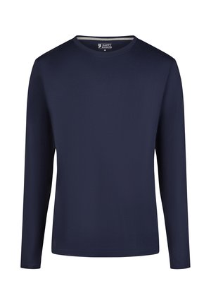 T-shirt à manches longues marine en tissu lisse, avec un col ras du cou et un design minimaliste, adapté pour un usage décontracté.