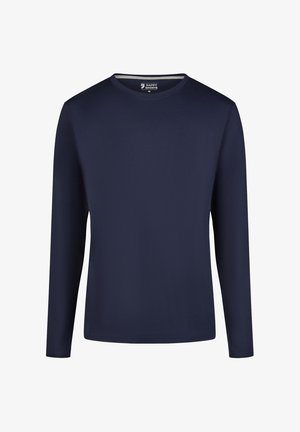 T-shirt à manches longues marine en tissu lisse, avec un col ras du cou et un design minimaliste, adapté pour un usage décontracté.