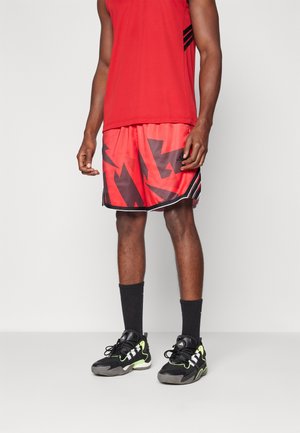 Rød ærmeløs top, mønstrede røde shorts med sort zigzag-design, og sorte sneakers med grønne accenter og sorte sokker.