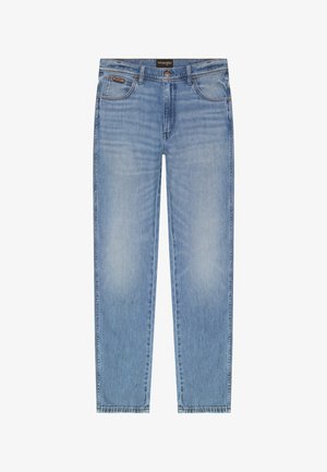Light blue straight-leg Wrangler jeans with front pockets, button closure, and faded detailing on thighs and knees.