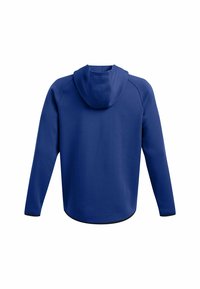 Sudadera con capucha en tela azul sólida. Presenta un diseño deportivo con mangas largas y un dobladillo redondeado. Textura suave sin patrones visibles.