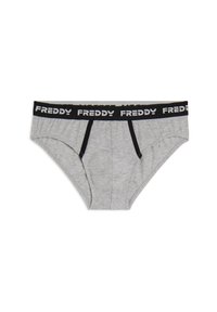 Mutande grigie in cotone con un elastico nero in vita recante la scritta "FREDDY" in bianco. Il design presenta cuciture decorative e una forma aderente.