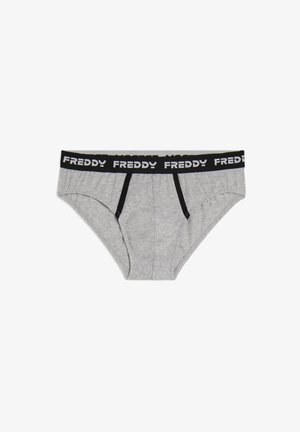 Mutande grigie in cotone con un elastico nero in vita recante la scritta "FREDDY" in bianco. Il design presenta cuciture decorative e una forma aderente.