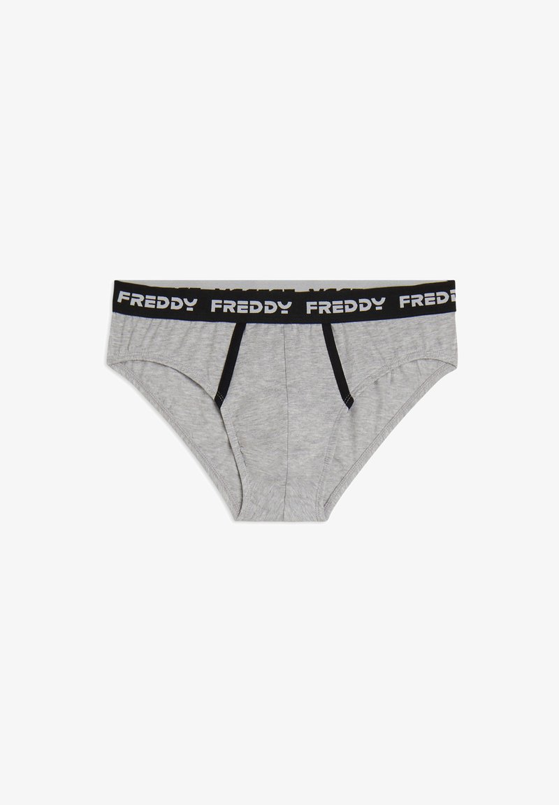 Mutande grigie in cotone con un elastico nero in vita recante la scritta "FREDDY" in bianco. Il design presenta cuciture decorative e una forma aderente.