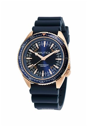 Nautica watch with a navy rubber strap, bronze-tone stainless steel bezel, and a deep blue dial featuring luminous markers and compass.