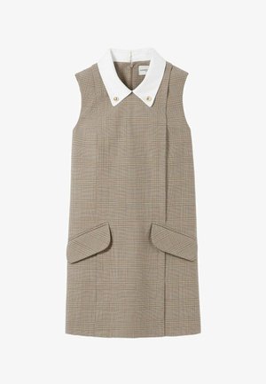 Robe sans manches beige avec un col blanc, dotée de deux poches arrondies et d'un simple motif à carreaux. Convient pour un usage décontracté ou formel.