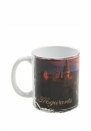 White ceramic mug with a dark Hogwarts castle design and gold "Hogwarts" text on the side.