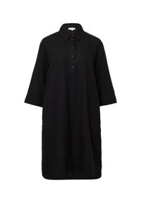 Schwarzes Leinenhemdkleid mit Kragen, Knopfverschluss, Dreiviertelärmeln und lockerer Passform. Glatte Textur und knielanges Design.