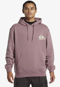 Purple cotton hoodie with a front pocket, drawstring hood, and logo on the chest and sleeve. Features ribbed cuffs and hem.