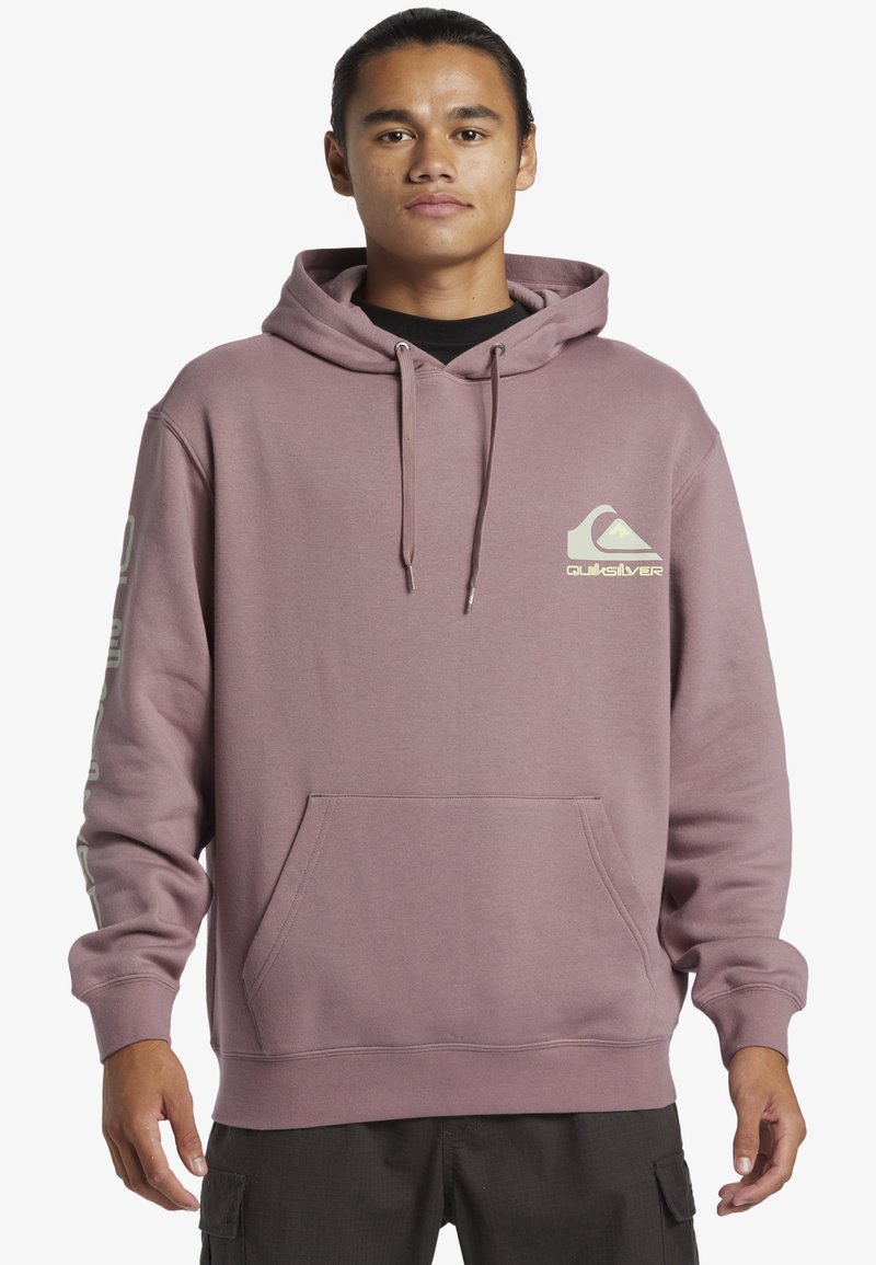 Purple cotton hoodie with a front pocket, drawstring hood, and logo on the chest and sleeve. Features ribbed cuffs and hem.