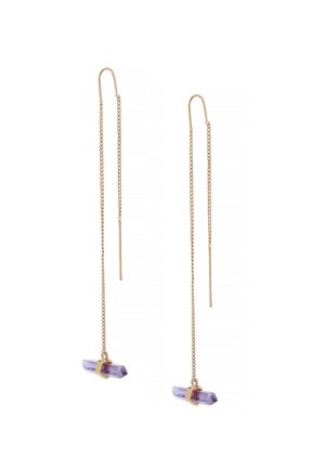 Long gold chain threader earrings with purple amethyst crystal pendants at the ends.