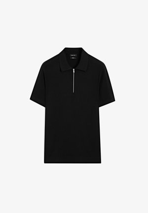 Schwarzes Poloshirt mit kurzen Ärmeln aus glattem Stoff, mit einem Reißverschluss am Kragen, flachem Kragen und einem lässigen Schnitt.