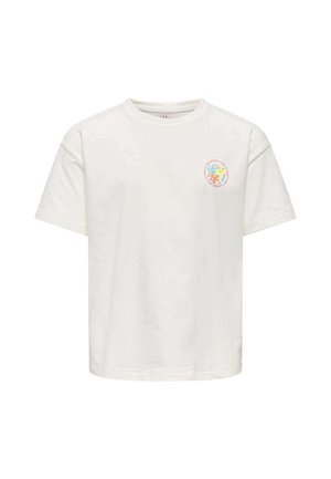 T-shirt blanc à manches courtes avec un petit logo rond floral coloré sur la poitrine gauche et un col rond.