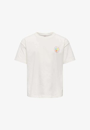 T-shirt blanc à manches courtes avec un petit logo rond floral coloré sur la poitrine gauche et un col rond.