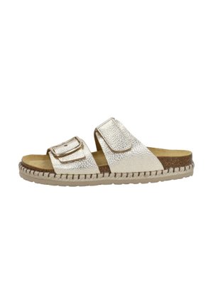 Gouden metalen slip-on sandalen met twee verstelbare gespen, textuur bovenwerk, kurken tussenzool en gevlochten jute details op de lichte buitenzool.