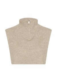 Beige ribbade topp med hög krage och halv dragkedja. Mjuk textur med en figurnära passform, lämplig för lager på lager i kallare väder.