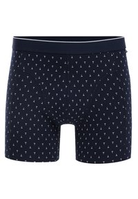 Marinblå kalsonger i bomull med ett litet vitt mönster. Utformade med en bekväm midjeresår och en praktisk framöppning.