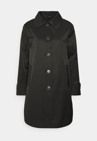 Svart kappa med krage, sex knappar, två sidofickor och långa ärmar. Tillverkad av slät tyg med en klassisk, rak skärning.