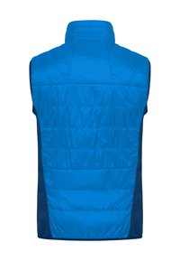 Blauwe geïsoleerde vest met een hoge kraag, geborduurd textuur en donkere zijpanelen. Glad oppervlak zonder zichtbare versieringen.