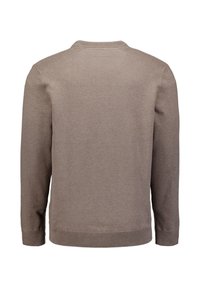 Bruine, lange mouwen sweater met een ronde hals en geribbelde brei-accenten op de schouders en zoom. Zachte textuur en minimaal ontwerp.