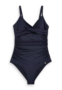 Costumul de baie întreg, de culoare albastru marin, cu bretele ajustabile, design încrucișat în față și textură strânsă pe laterale. Include un mic accent metalic.