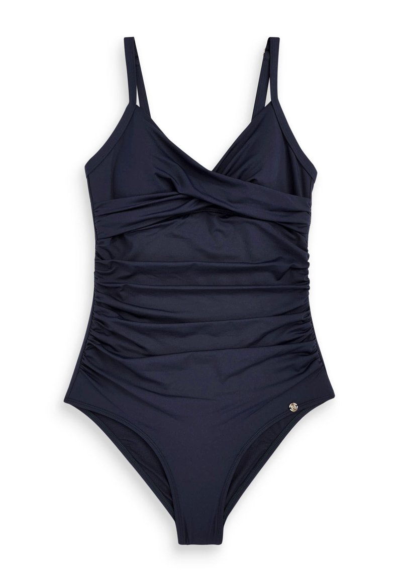 Costumul de baie întreg, de culoare albastru marin, cu bretele ajustabile, design încrucișat în față și textură strânsă pe laterale. Include un mic accent metalic.